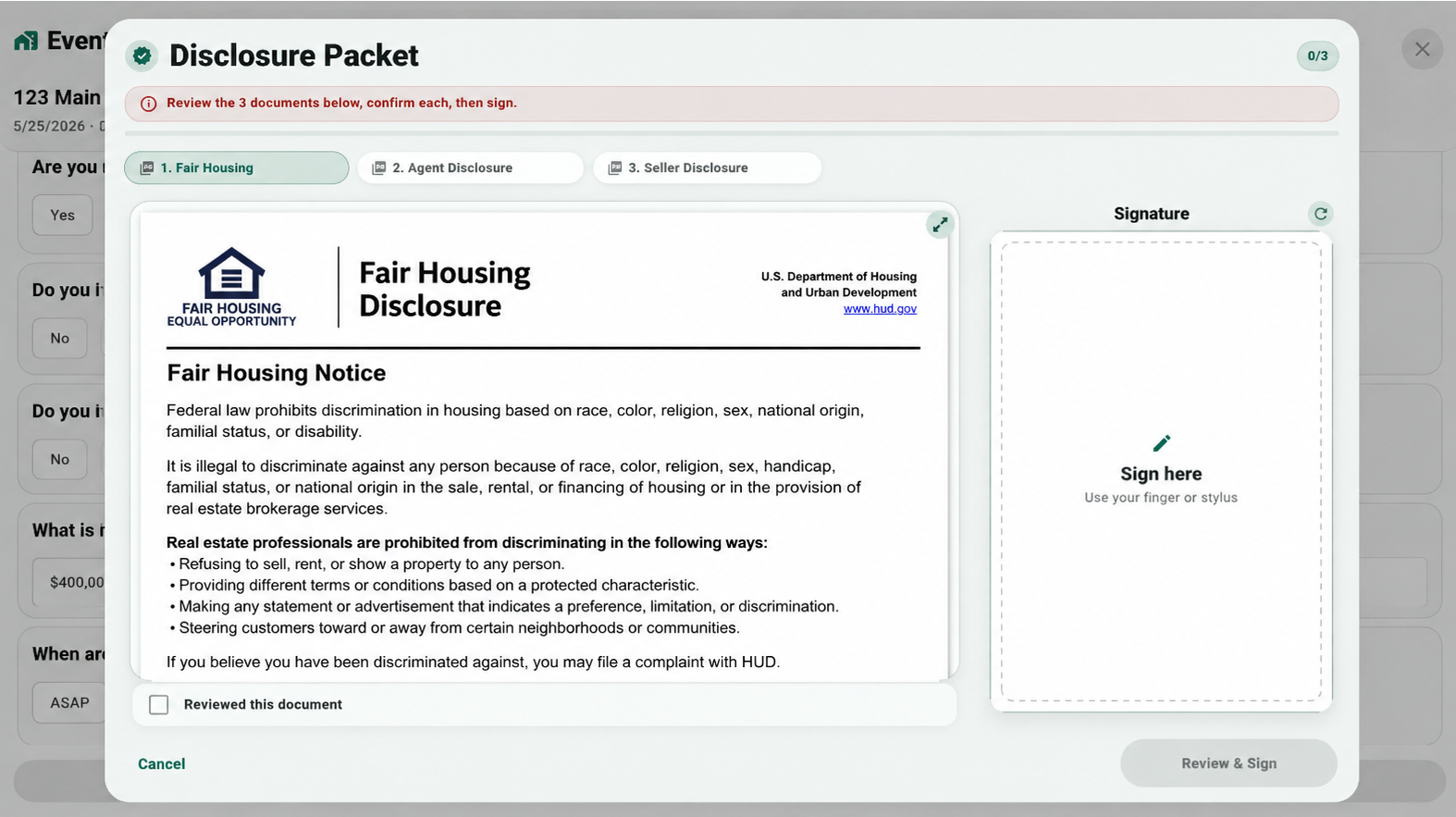 Disclosure review and signature workflow